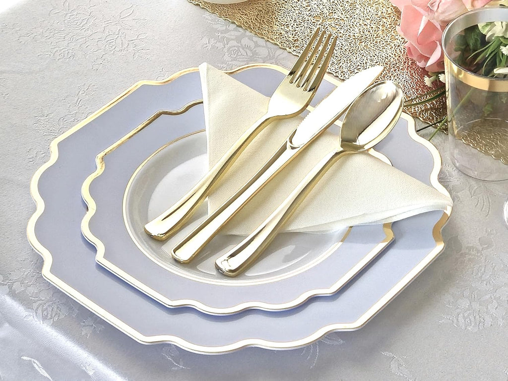 ' OCCASIONS ' 640 Piece set (80 Guests)-Heavyweight Wedding Party Disposable Plastic Plate Set - 80 x 10.5'' + 80 x 8'' + Silverware + Cups + Napkins (Imperial in White & Blue & Gold)