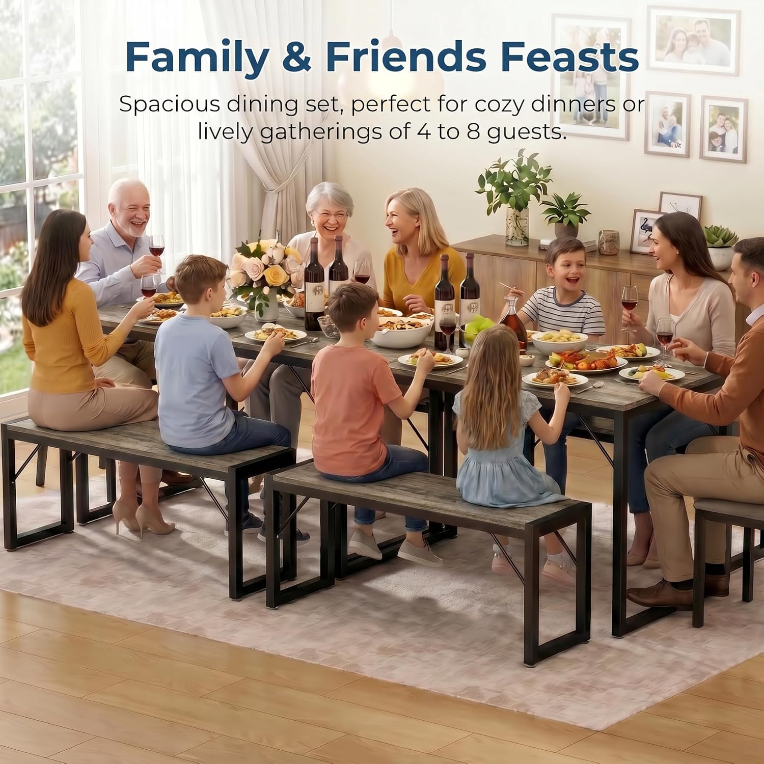 Bealife Dining Table Set for 4 with Metal Frame and MDF Board, Space Saving Kitchen Table with 2 Benches, Kitchen Table Set for Apartment, Dining Room, Breakfast Nook, Grey