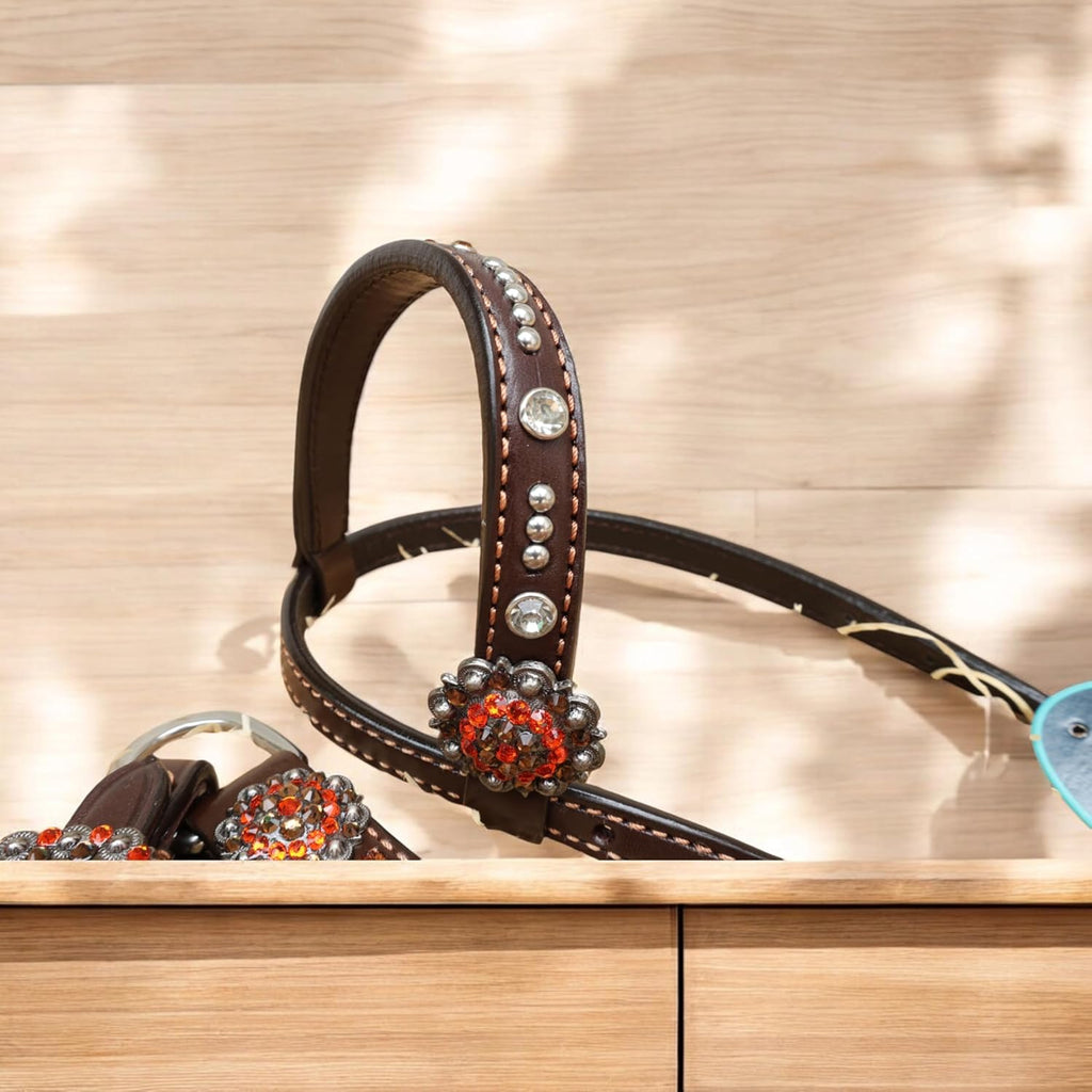 Spooky Western Leather Horse Tack Set - Hand Painted Halloween Pumpkin Headstall & Breast Collar with Floral Tooling, Rhinestones, and Window Carving