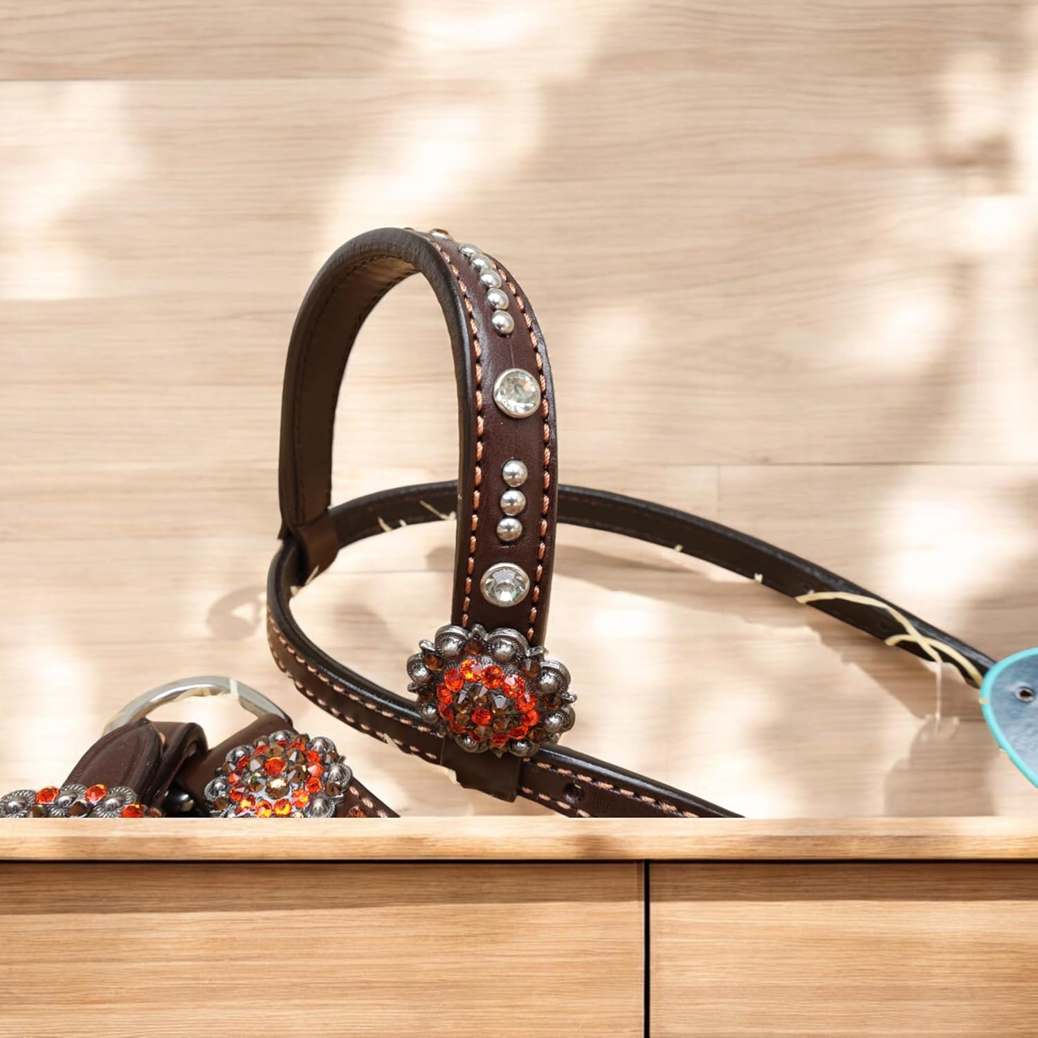 Spooky Western Leather Horse Tack Set - Hand Painted Halloween Pumpkin Headstall & Breast Collar with Floral Tooling, Rhinestones, and Window Carving