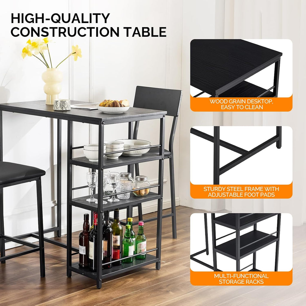 VINGLI Dining Table Set for 2, Kitchen Breakfast Counter Height Small 3 Piece Bar Table and Chairs Set with Storage, Black