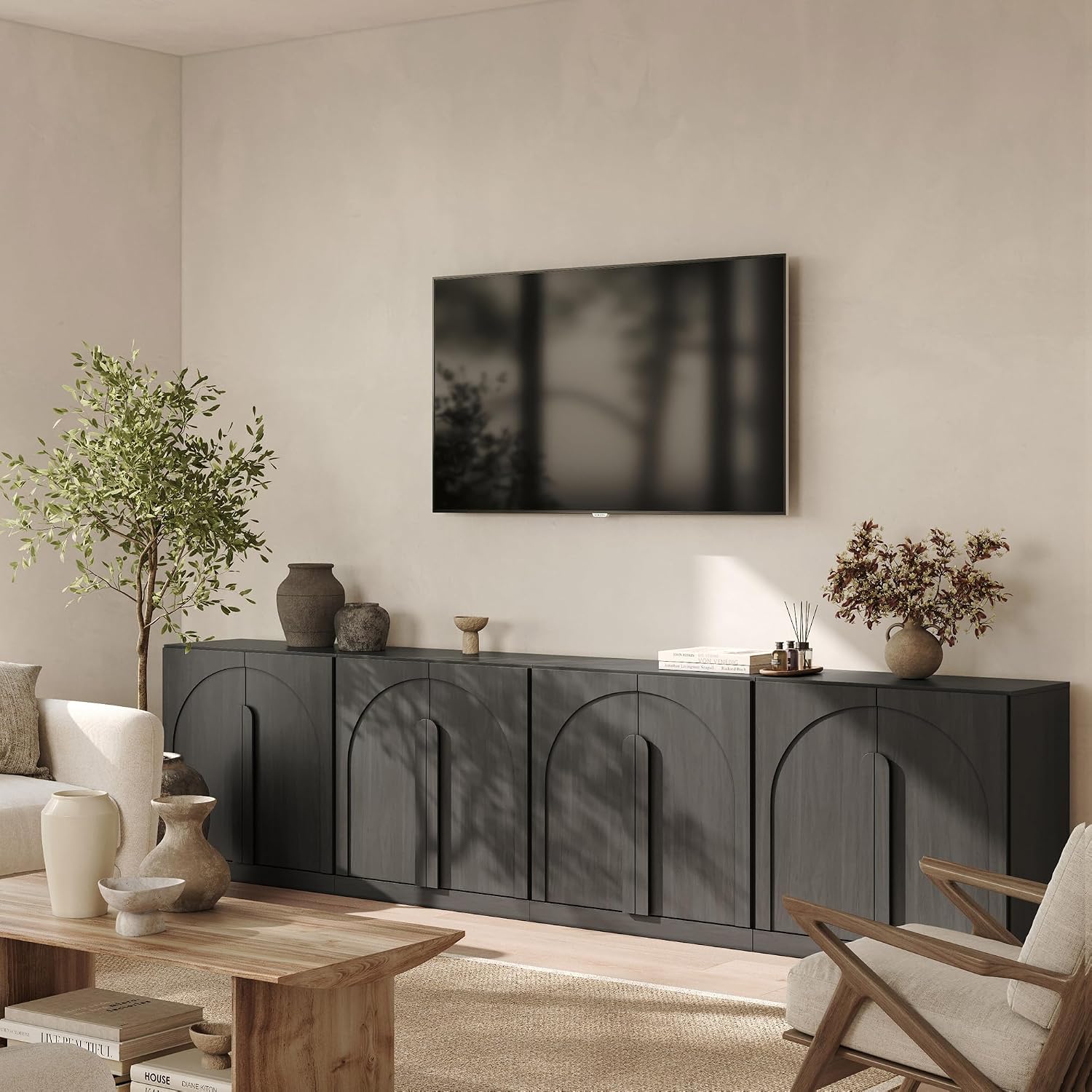 BELLEZE 4-Piece Modular TV Stand Set -Modern Entertainment Center with Wide Wooden Handle,Sideboards with Adjustable Shelves,Classic Media Console Table Cabinet for Living Room (Ebony)
