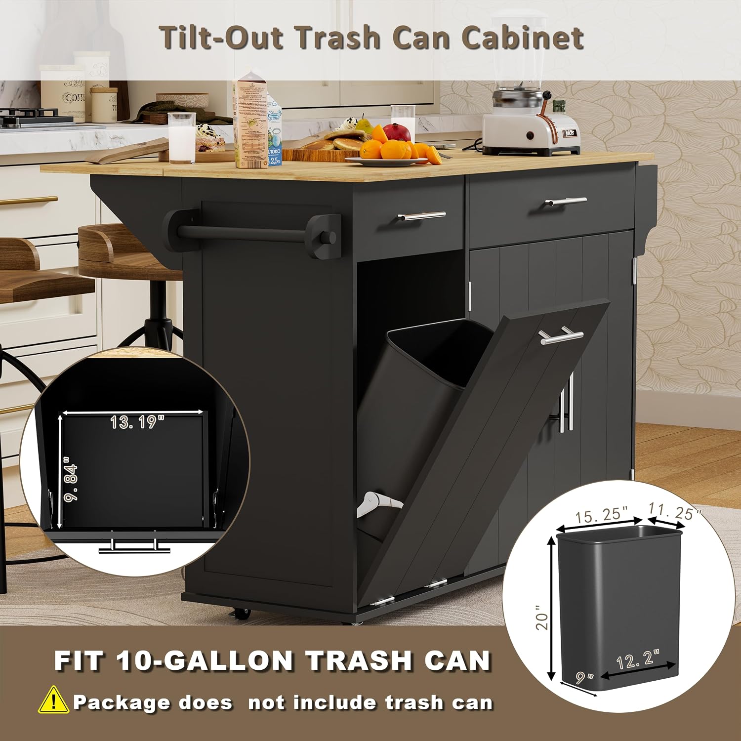 HQZX Rolling Kitchen Island with Trash Can Storage, Portable Kitchen Island Cart on Wheels with Drop Leaf & Power Outlet, Towel Rack & Spice Rack, Large Mobile Island Table for Kitchen, Black