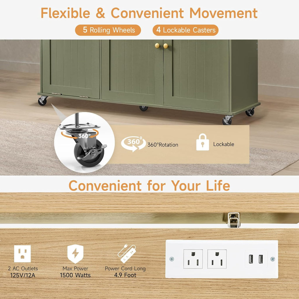 60' Kitchen Island with Power Outlet & Drop Leaf, Kitchen Rolling Island with Spice Rack & Towel Rack, Knife Holder, Kitchen Island Cart with Trash Storage Cabinet, Mobile Island Table for Kitchen