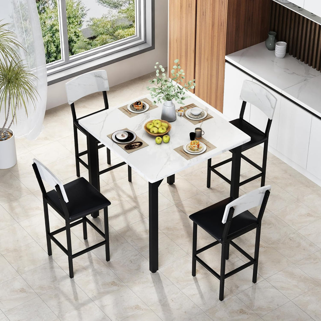 AWQM 5-Piece Dining Table Set, Dining Table Set for 4, Counter Height Table & 4 Bar Stools, Modern Kitchen Dining Set, with Upholstered Chairs, Compact Dining Set for Small Spaces, Marble Texture