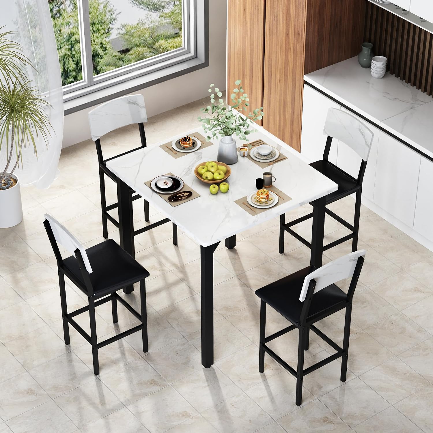 AWQM 5-Piece Dining Table Set, Dining Table Set for 4, Counter Height Table & 4 Bar Stools, Modern Kitchen Dining Set, with Upholstered Chairs, Compact Dining Set for Small Spaces, Marble Texture