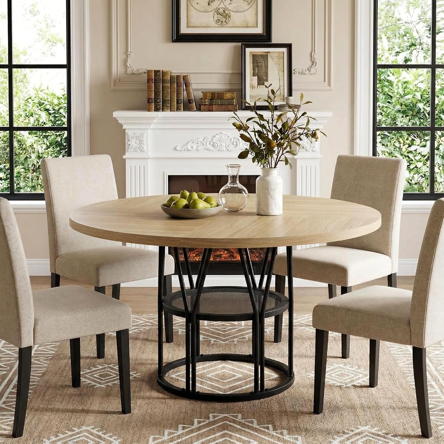 Garvee Round Dinning Table for 4-6 - 47' Circle Dinner Table with Storage Shelf & Sturdy Metal Frame, Modern Breakfast Tea Desk for Kitchen, Living Room, Apartment, Office, Natural