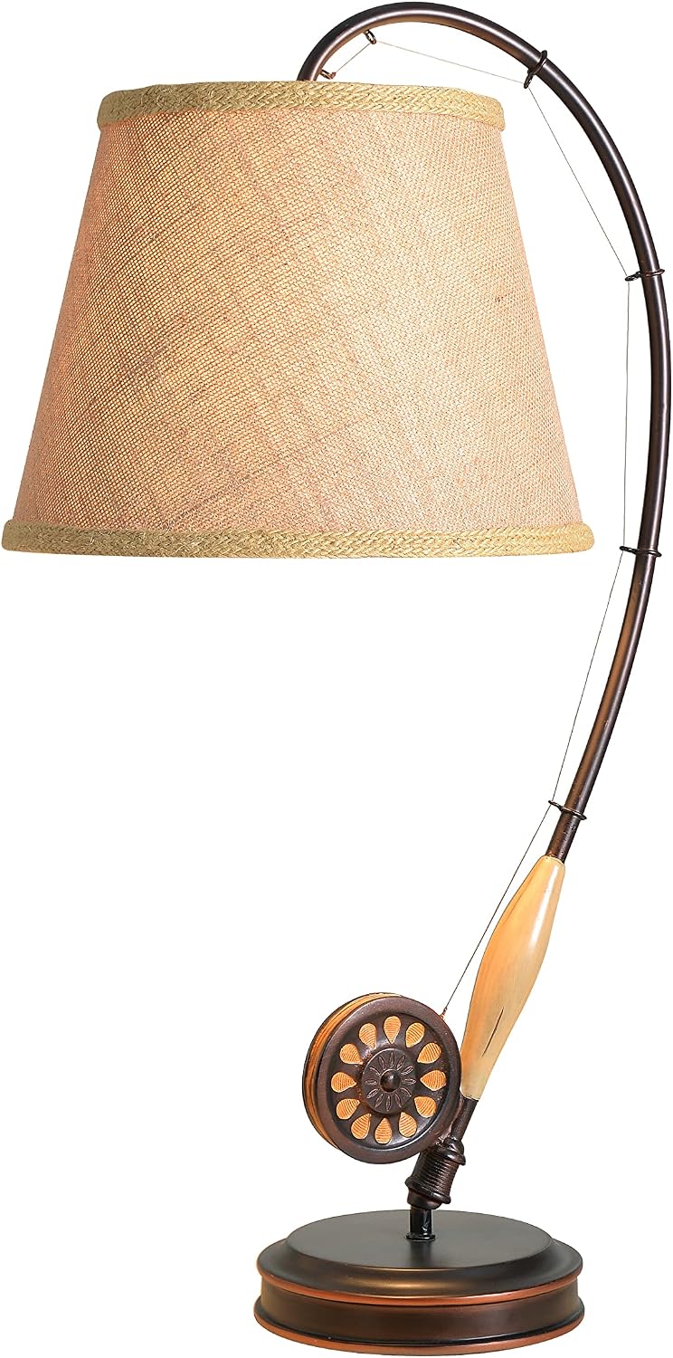 Kenroy Home 32193ORB Fly Rod Table Lamp with Oil Rubbed Bronze w/Wood Accent Finish, Rustic Style, 27.5' Height, 12' Width, 14.5' Depth