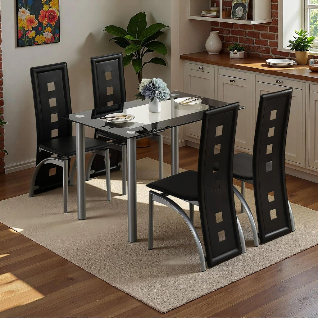 Karl home Modern Hollow Dining Chair Set of 4, Black Dining Chairs with PVC Backrest & Leather Cushion, Dining Chair for Kitchen & Dining Room, 300lbs Weight Capacity