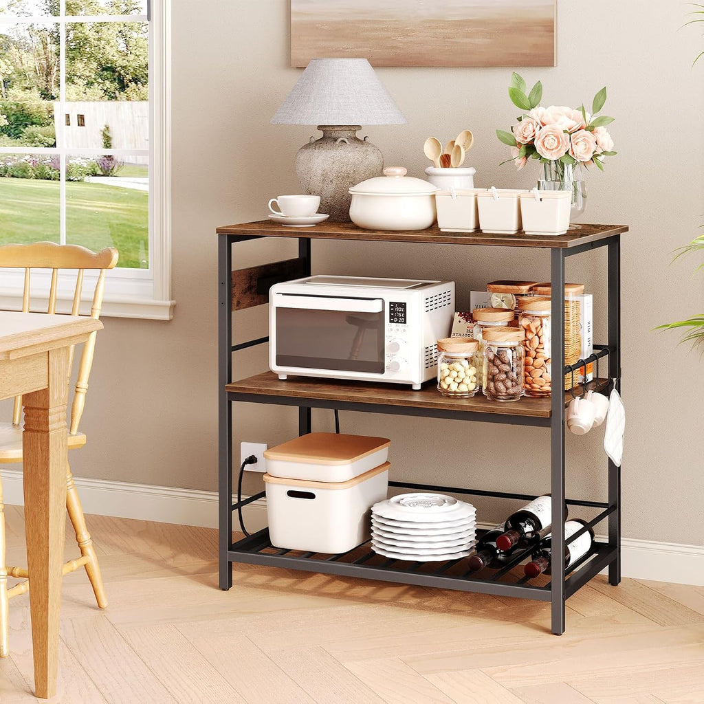 HOOBRO Kitchen Island with Storage, Kitchen Island Table with Power Outlet, 47.2' L 3 Tier Kitchen Counter and Microwave Stand, for Home, Kitchen and Dining Room, Rustic Brown and Black BF120UZD01