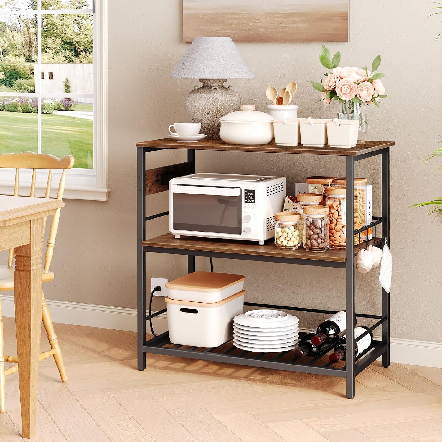 HOOBRO Kitchen Island with Storage, Kitchen Island Table with Power Outlet, 47.2' L 3 Tier Kitchen Counter and Microwave Stand, for Home, Kitchen and Dining Room, Rustic Brown and Black BF120UZD01