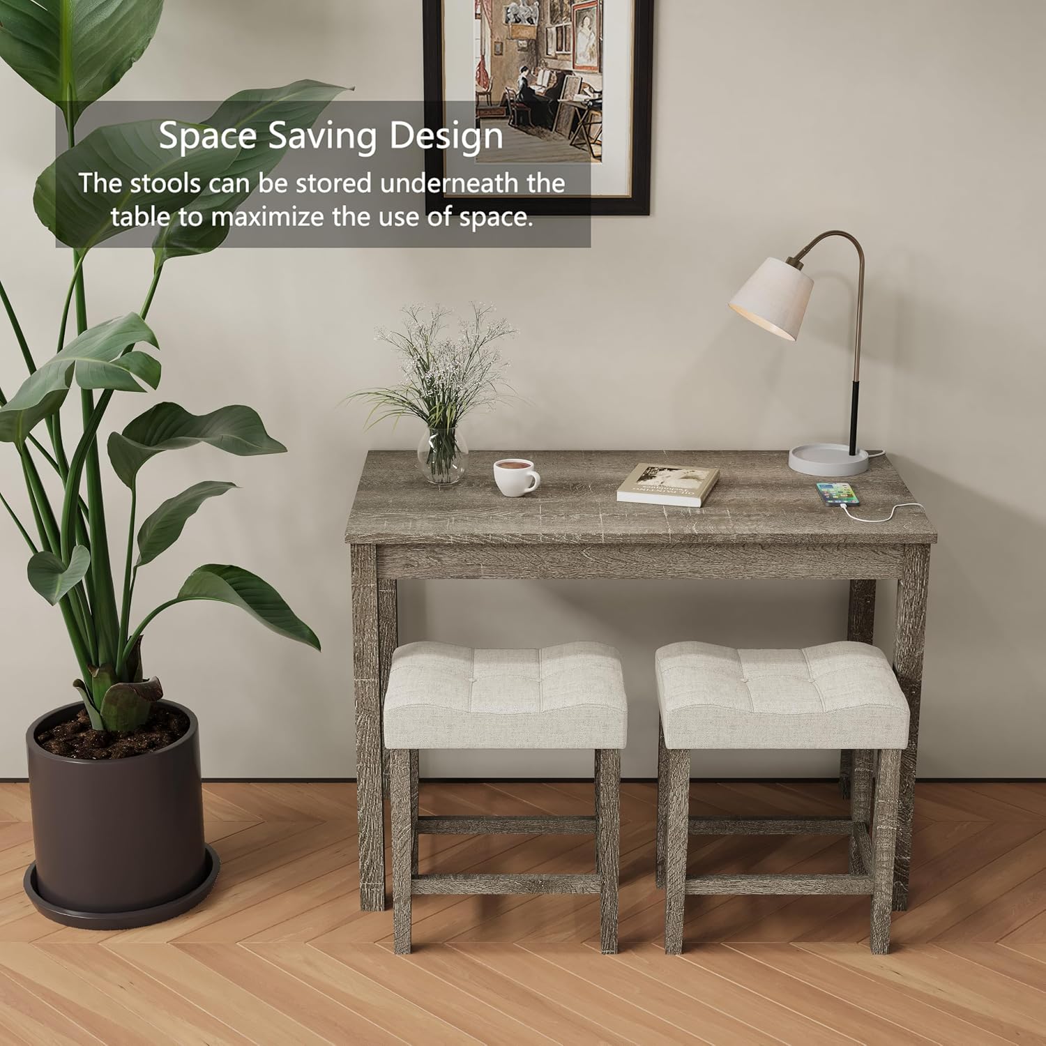 allamazing 3-Piece Counter Height Bar Table Set with Socket and 2 Fabric Padded Bar Stools, Tall Kitchen Breakfast Dining Table Set with Stools (1+2 Natural)