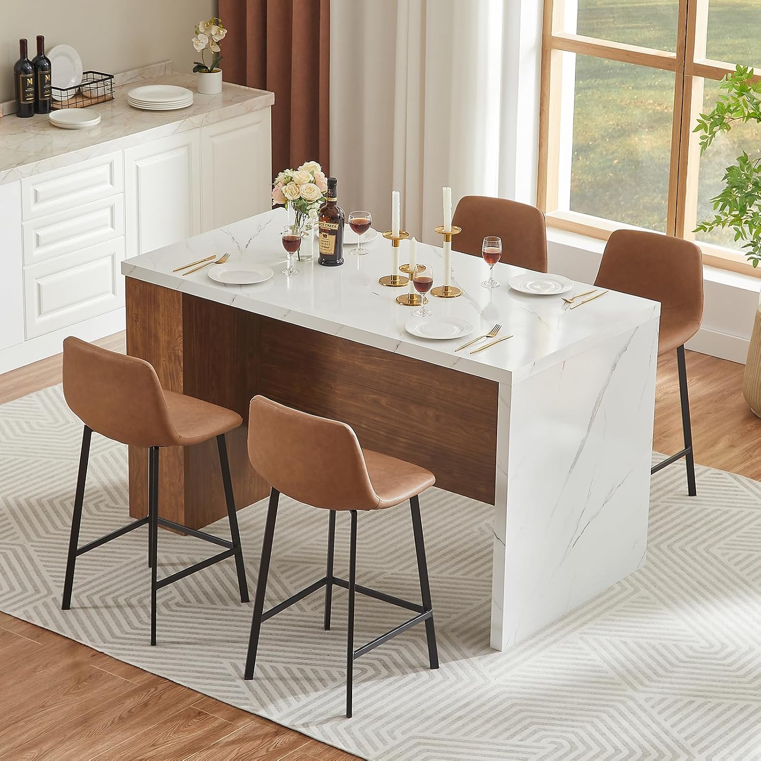 ONBRILL 61'*31' Whole Board of Tabletop Kitchen Island Table with Storage Space, Power Outlet & LED Lights, Modern Imitation Marble Large Counter Height Dining Table for 4 (White)