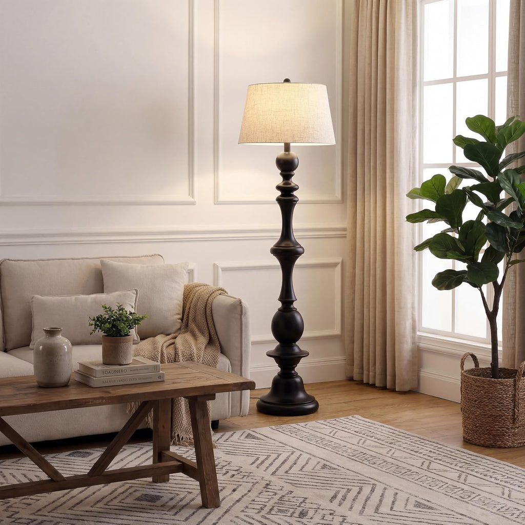 JONATHAN Y 67' Black Resin Candlestick Floor Lamp Farmhouse Rustic Traditional Standing Lamp for Living Room with Beige Linen Empire Shade LED Bulb Included JYL3000B