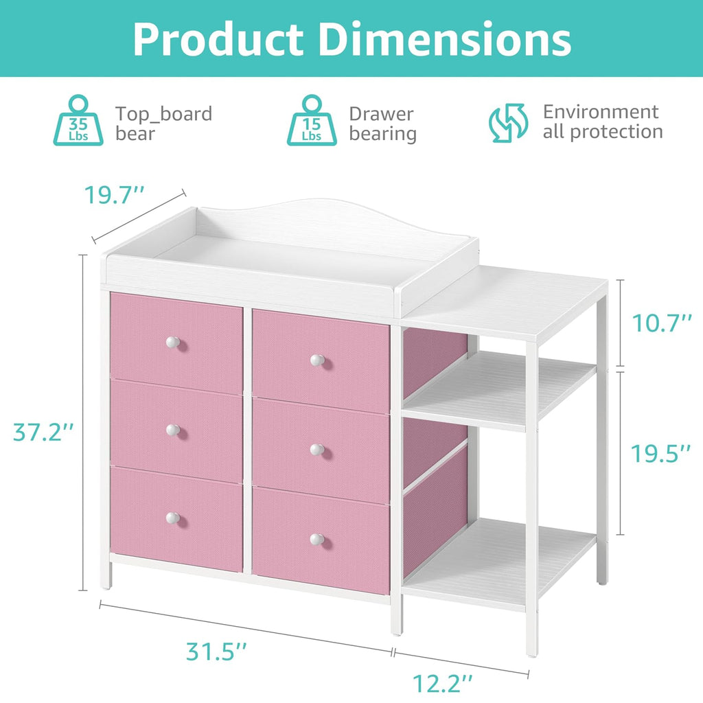 BOLUO Baby Dresser with Changing Table Top, Changing Table Dresser with 6 Fabric Drawers Diaper Changing Station with Storage Shelf for Nursery Modern