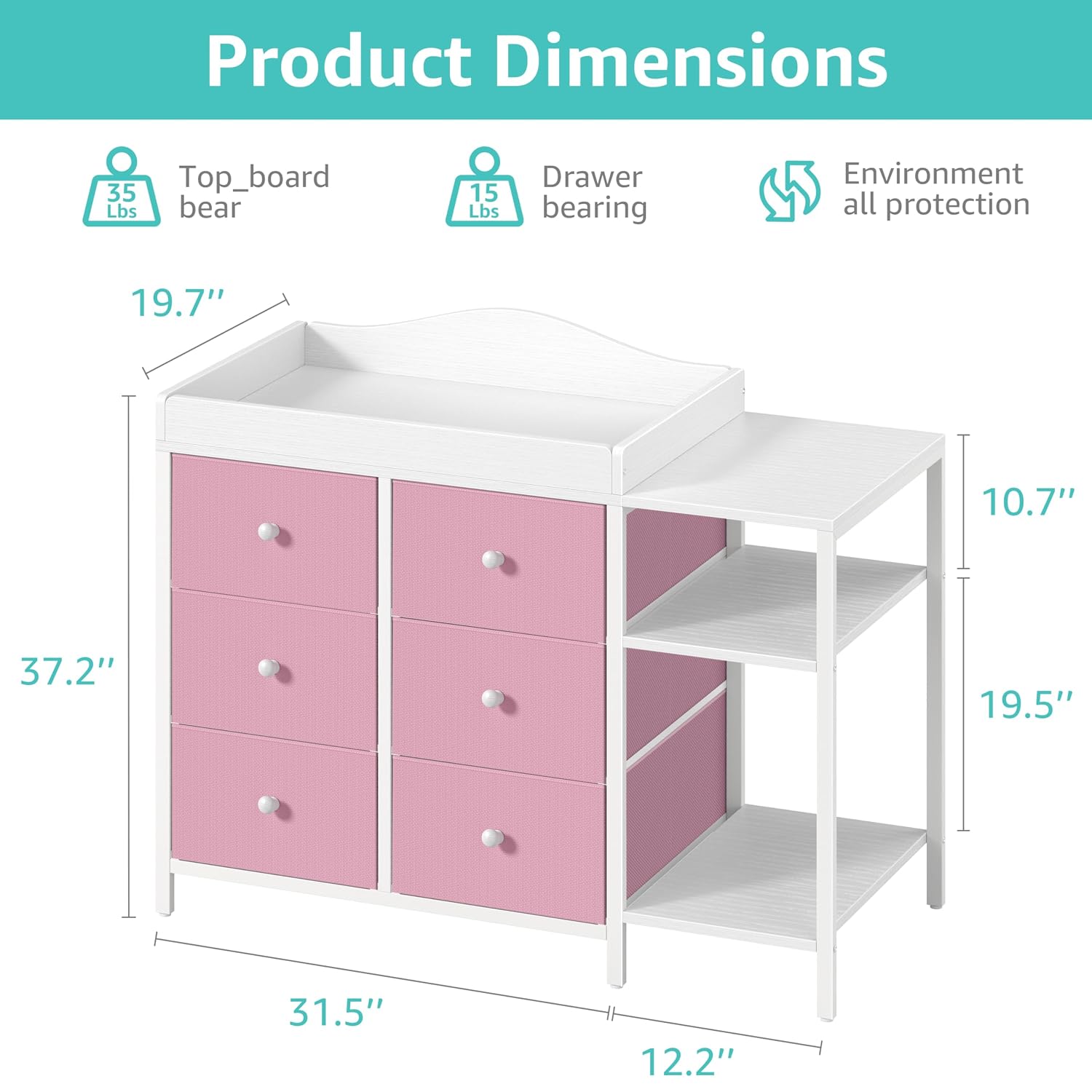 BOLUO Baby Dresser with Changing Table Top, Changing Table Dresser with 6 Fabric Drawers Diaper Changing Station with Storage Shelf for Nursery Modern