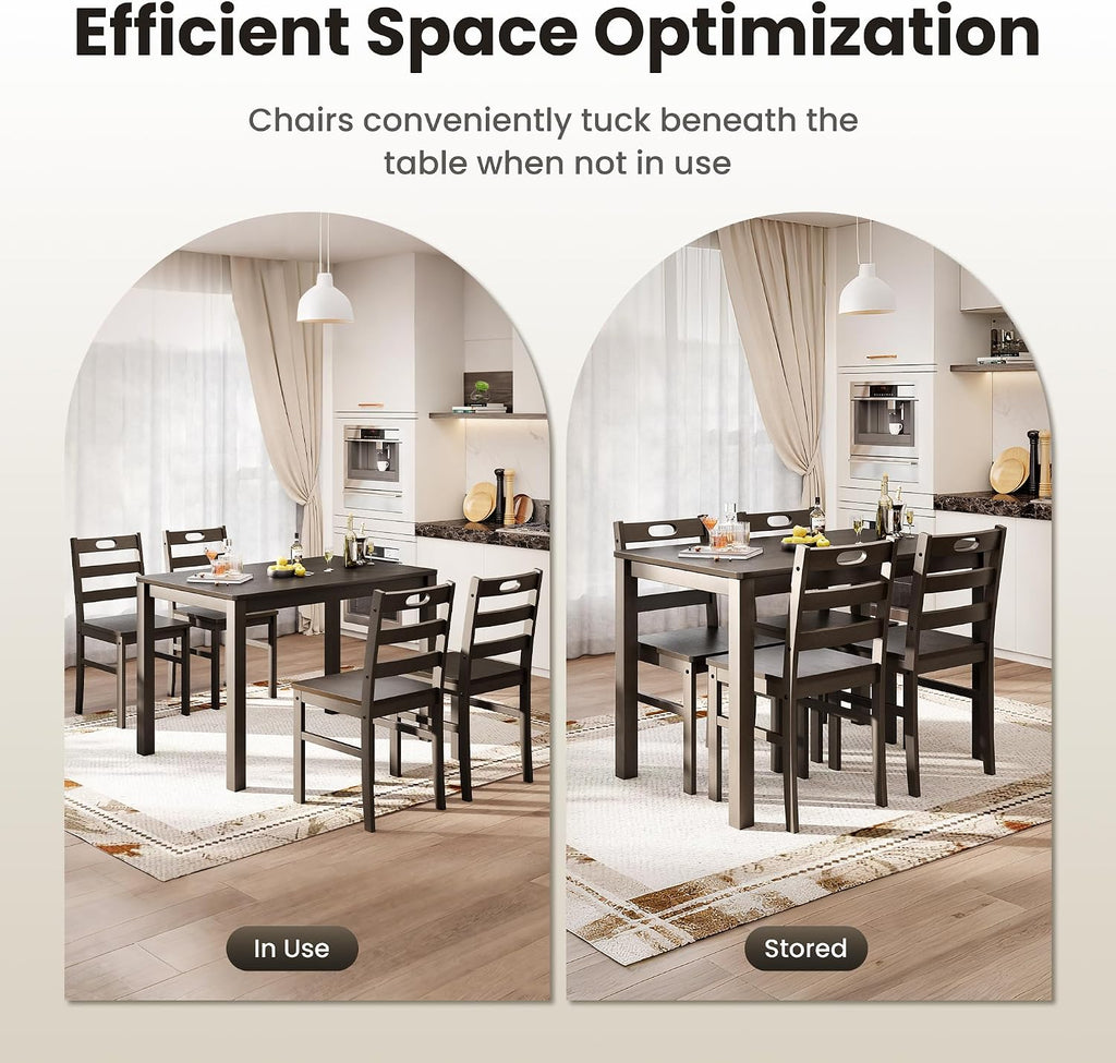 PHI VILLA Dining Table Set for 4, Solid Wood Farmhouse Kitchen Table Chairs Set of 4, 5 Piece Space-Saving Dining Room Table Set for Apartment, Dark Oak