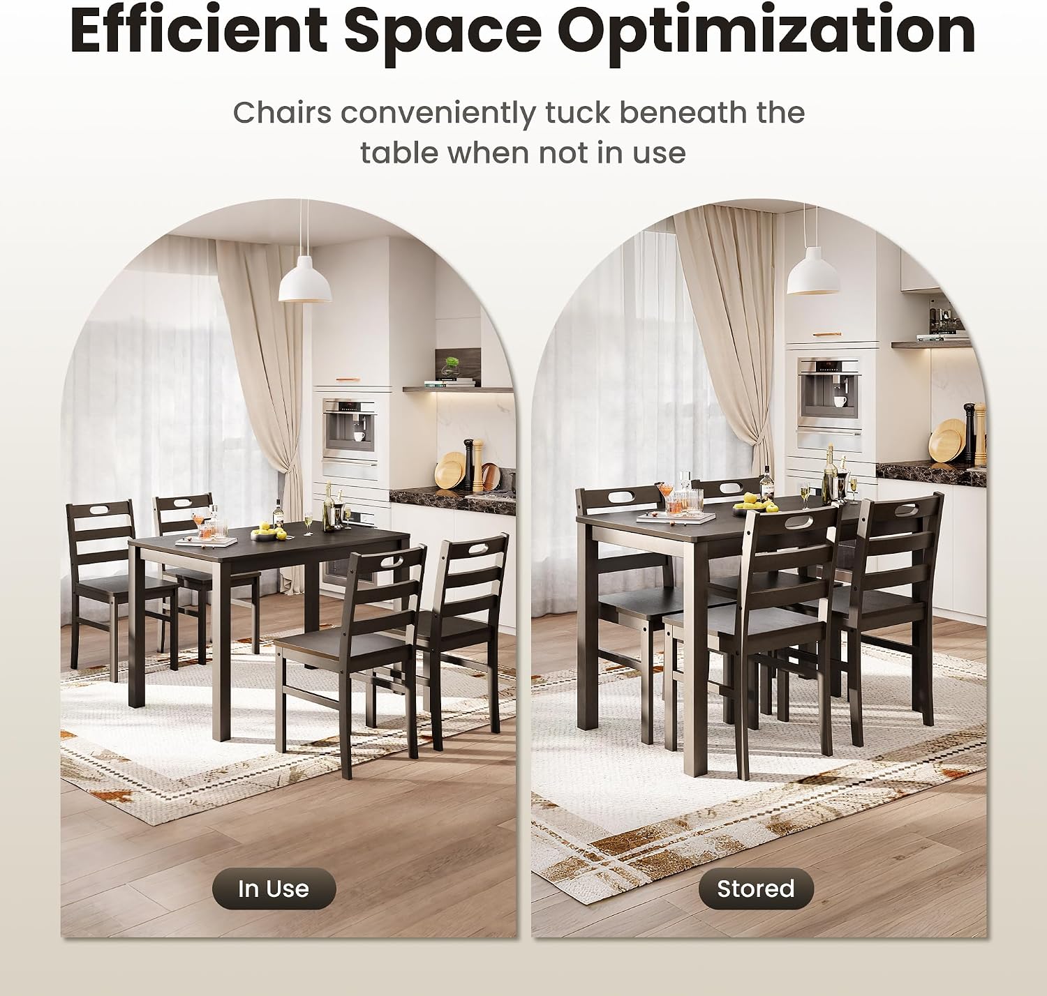 PHI VILLA Dining Table Set for 4, Solid Wood Farmhouse Kitchen Table Chairs Set of 4, 5 Piece Space-Saving Dining Room Table Set for Apartment, Dark Oak