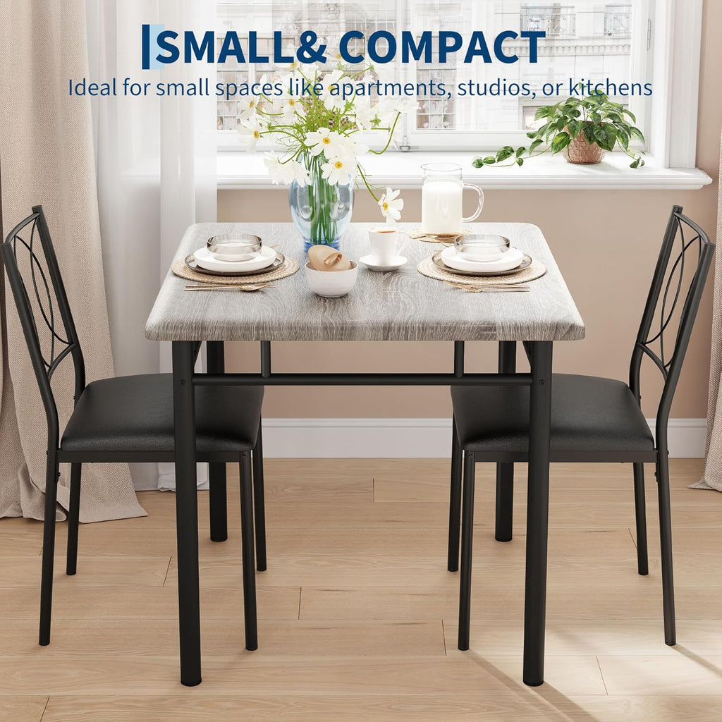 Garvee Dining Table Set for 2, Small Kitchen Table with Upholstered Chairs, Farmhouse Wood Dining Table Chairs for Kitchen Room, Small Spaces, Apartment, Grey