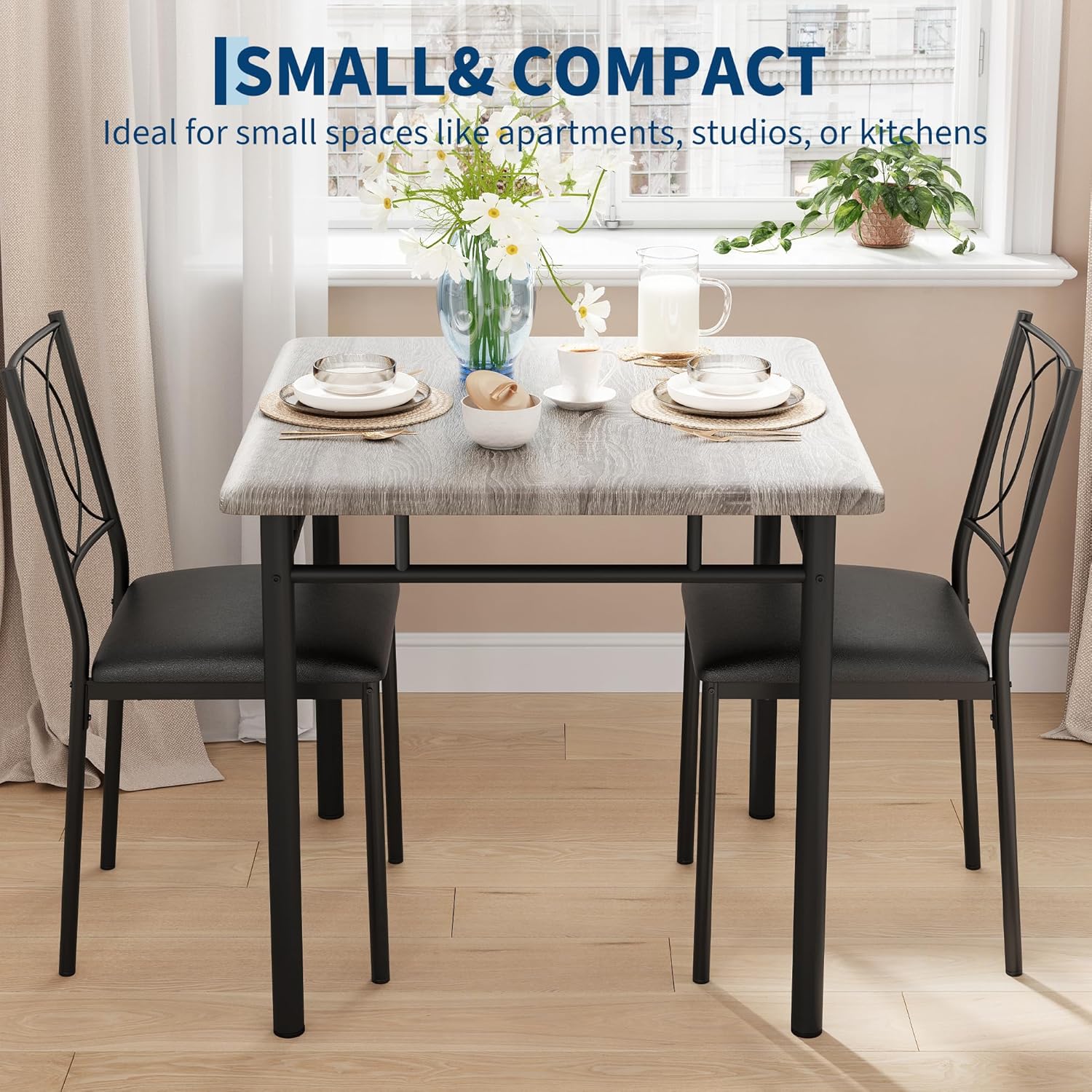 Garvee Dining Table Set for 2, Small Kitchen Table with Upholstered Chairs, Farmhouse Wood Dining Table Chairs for Kitchen Room, Small Spaces, Apartment, Grey