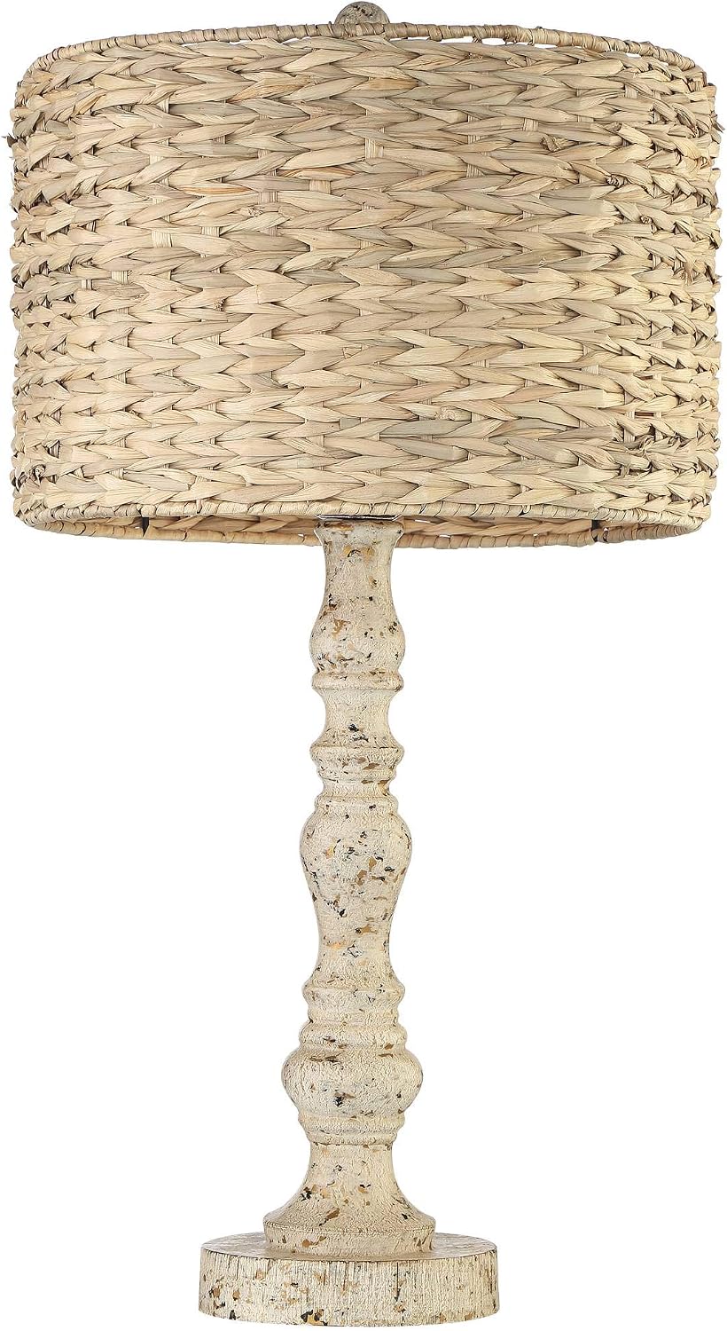 John Timberland Jackson Country Cottage Core Coastal Table Lamp 27.5' Tall Rustic Natural Distressed Antique White Candlestick Rattan Drum Shade for Living Room Bedroom House Bedside Nightstand Home