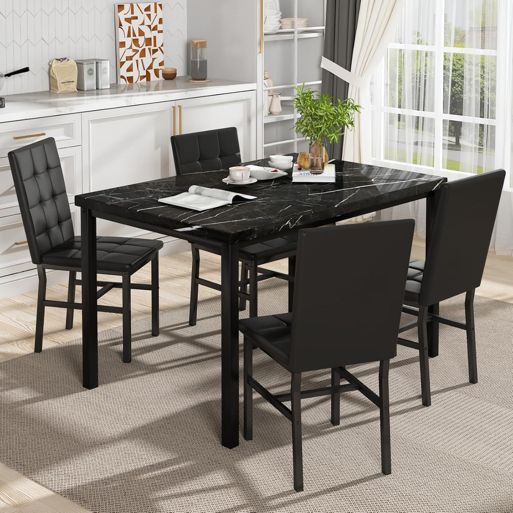 Hooseng Kitchen Table Set 5 Piece Dining Room Table Set Marble Dining Table 4 Chair Dining Table Set for Kitchen Living Room Breakfast Small Spaces (Black)