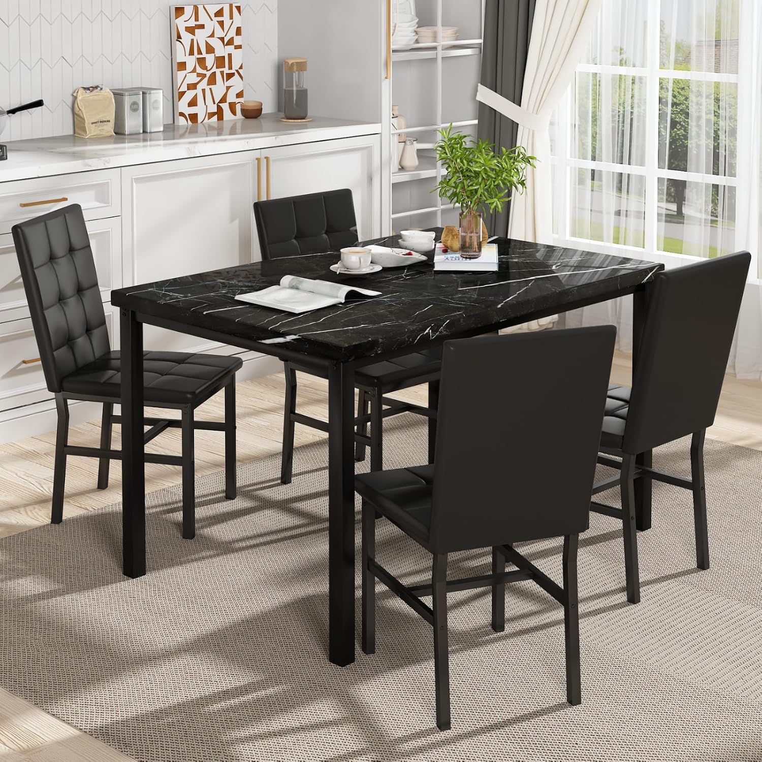 Hooseng Kitchen Table Set 5 Piece Dining Room Table Set Marble Dining Table 4 Chair Dining Table Set for Kitchen Living Room Breakfast Small Spaces (Black)