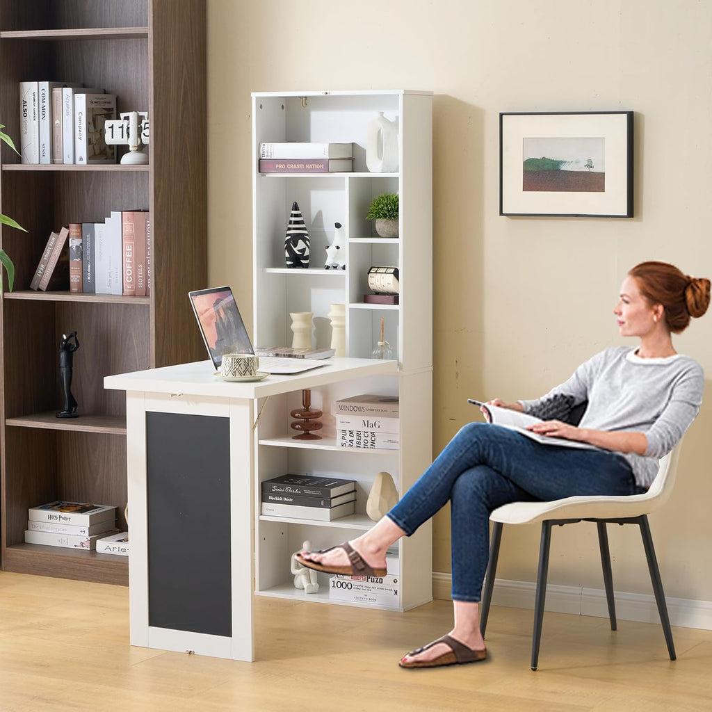 Folding Desk with Storage,Foldable Convertible Writing table with Blackboard and Shelves,Wall Mount Fold Out Table Cabinet , Space-Saving Murphy Desk Multi-Function Home Office Workstation (White)