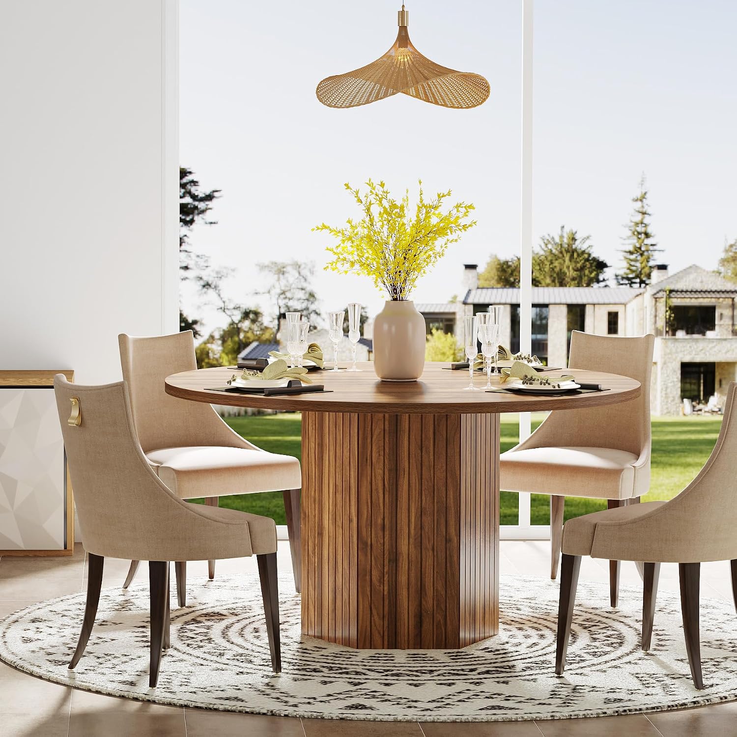 Tribesigns Wood Round Dining Kitchen Table for Dining Room, 47 inch Dinner Table 4-6 People with Heavy Duty Pedestal Base Circle Tabletop for Kitchen Living Room, Brown