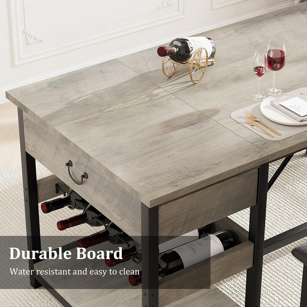 GarveeHome Dining Table Set for 4, Kitchen Dining Table Set with Upholstered Benches, Kitchen Dining Room Table with Storage Drawers & Wine Rack for Small Space, Light Grey