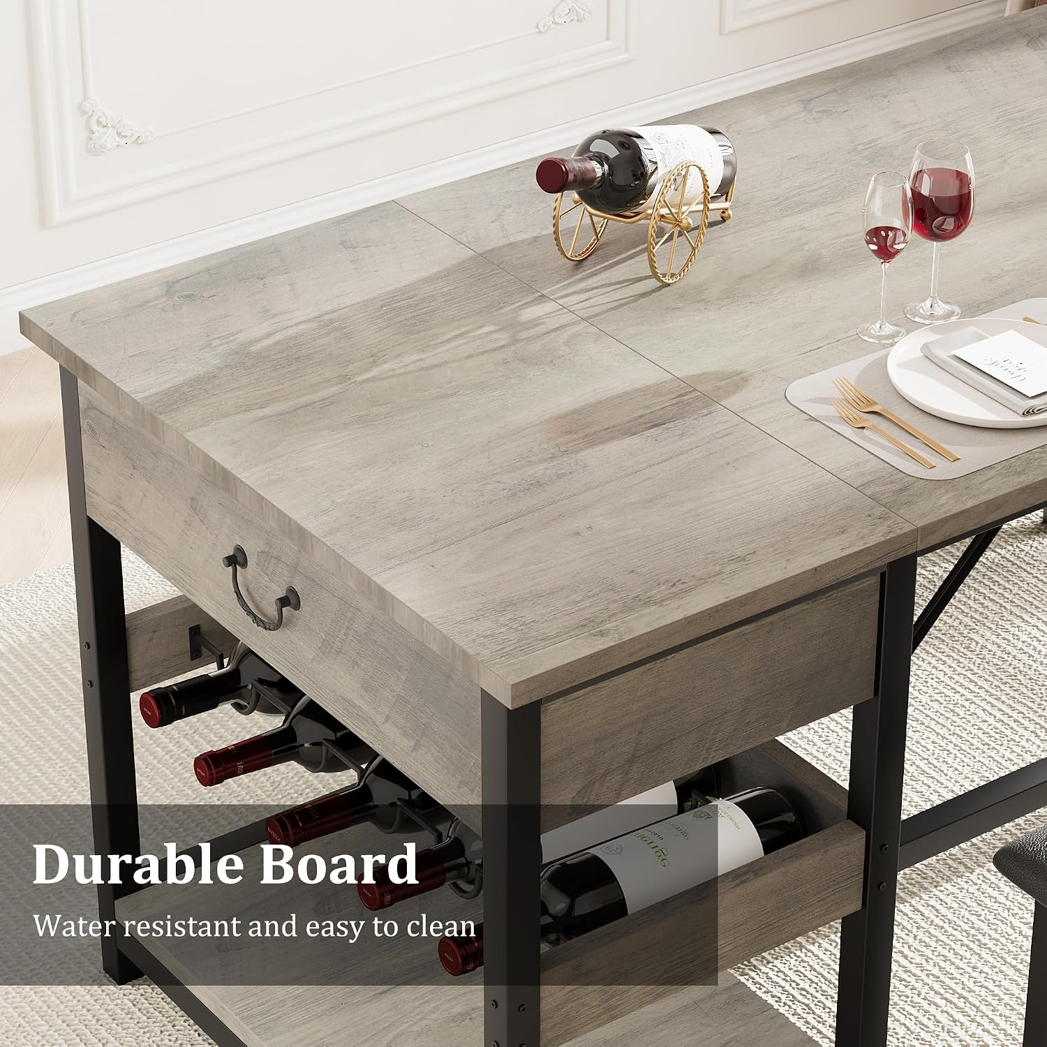 GarveeHome Dining Table Set for 4, Kitchen Dining Table Set with Upholstered Benches, Kitchen Dining Room Table with Storage Drawers & Wine Rack for Small Space, Light Grey