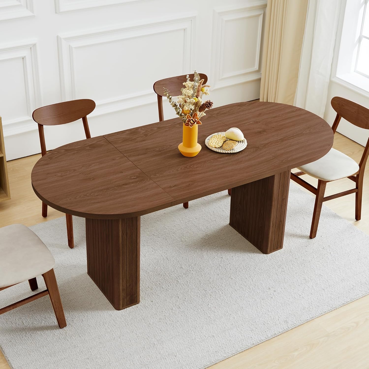 70.8 Inch Oval Dining Table for 4-6 People, Kitchen Table with Wood Strip Base, Modern Farmhouse Round Dining Room Tables for Kitchen Living Room (Walnut)