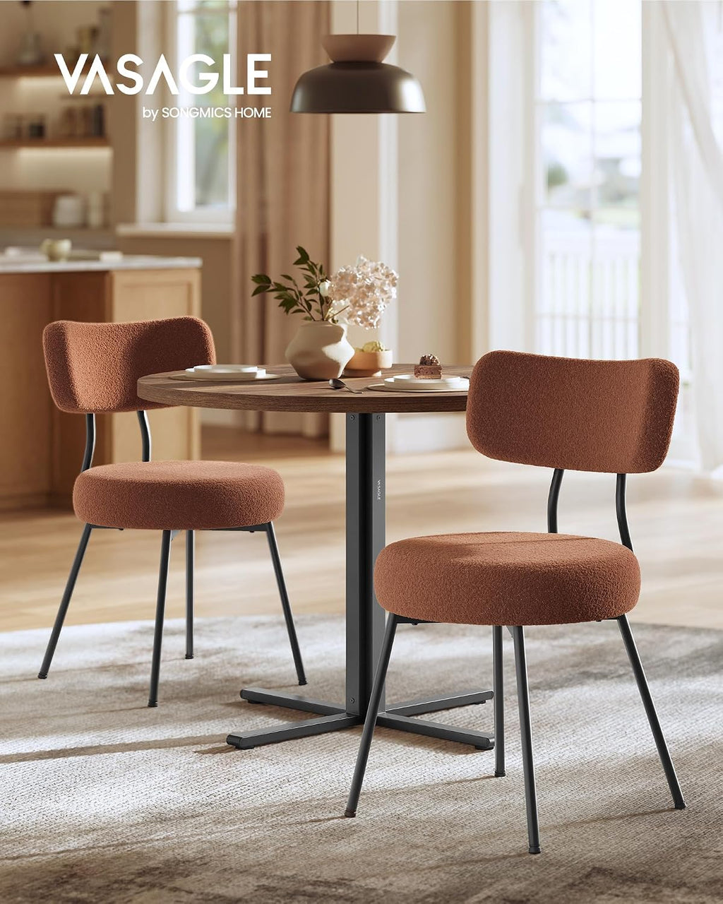 VASAGLE Dining Table Set, Round Dining Table with 2 Upholstered Kitchen Chairs, for Small Spaces, Kitchen, Living Room, Steel Frame, Modern Style, Somber Walnut and Coffee Brown UZH2507010