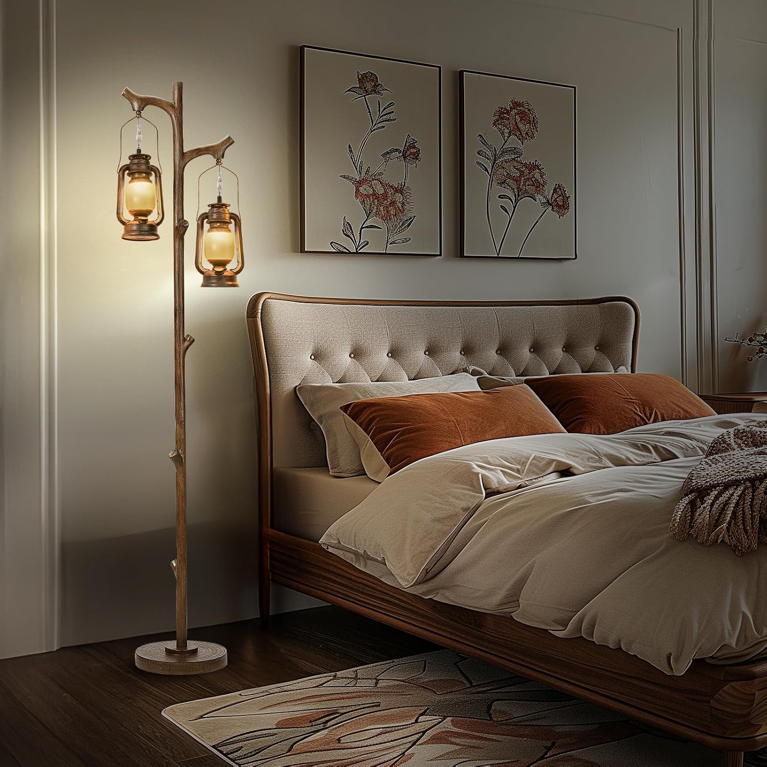 68' Rustic Farmhouse Tree Trunk Floor Lamp Country Brown Finish Wood Vintage Standing Tall Lamp With lantern Stepless Dimmable Industrial floor Lamp Decor for Bedroom Living Room Office Hotel