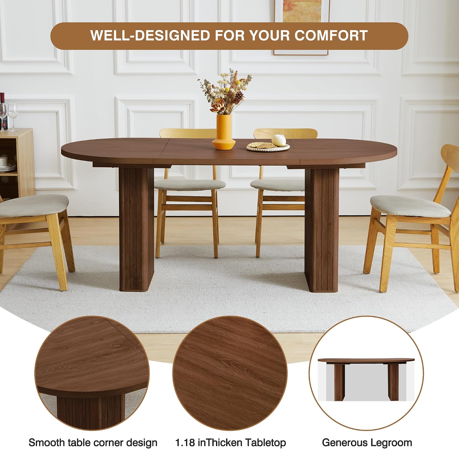 70.8 Inch Oval Dining Table for 4-6 People, Kitchen Table with Wood Strip Base, Modern Farmhouse Round Dining Room Tables for Kitchen Living Room (Walnut)