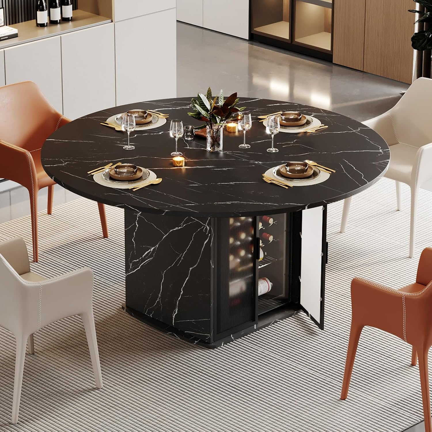 IBF Round Dining Table with Storage, Black Faux Marble Kitchen Tables for 4-6 People, 47' Modern Dining Room Tables with Fridge Space, Wood Circle Dinner Table for Home, Black Marble, Only Table