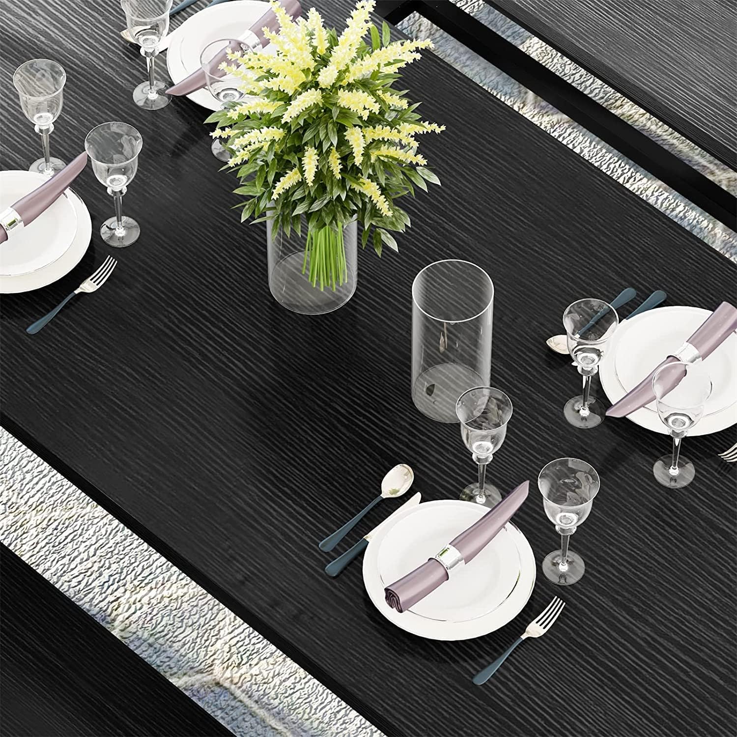 Dining Room Table Set with 2 Benches, Farmhouse Dining Table Set for 4-6, Wood Breakfast Table Set Dinner Table Set Kitchen Table and Chairs for Breakfast Nook Small Spaces, Black