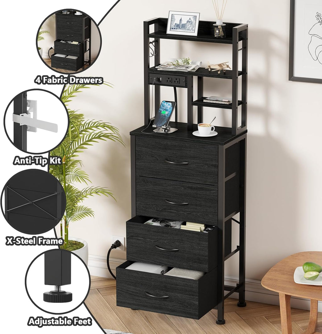 Furnulem Nightstands Set of 2, Tall Night Stand with Charger Station and USB Ports, 4 Fabric Drawers and Led Lights, Bed Side Table for Bedroom/Dorm/Office, Black Oak