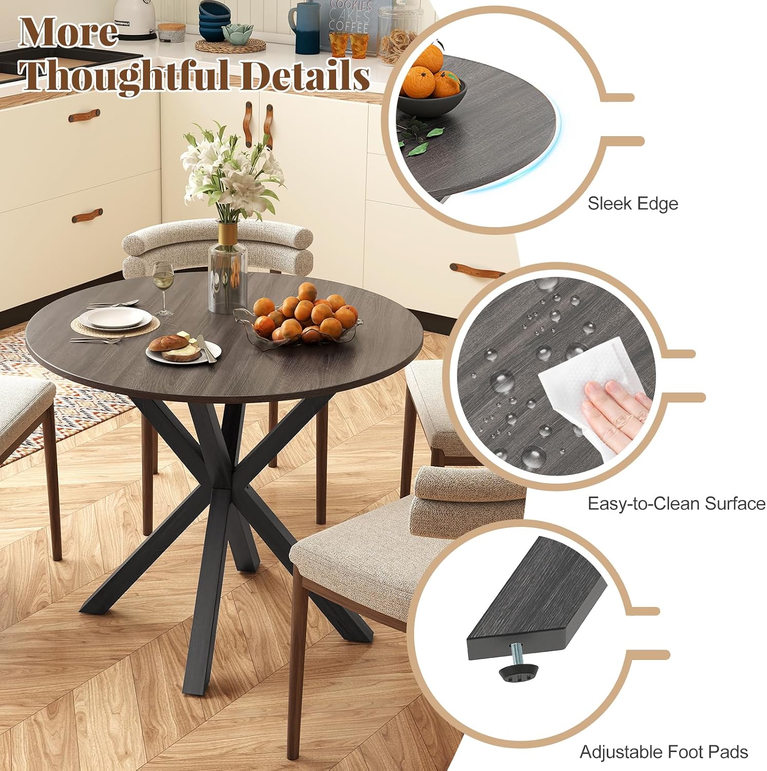 Giantex 36' Round Dining Table for 4, Farmhouse Kitchen Table with Rubber Wood Legs, Adjustable Foot Pads, Dining Room Tables for Dinette, Small Space, Dinner, Living Room, Restaurant