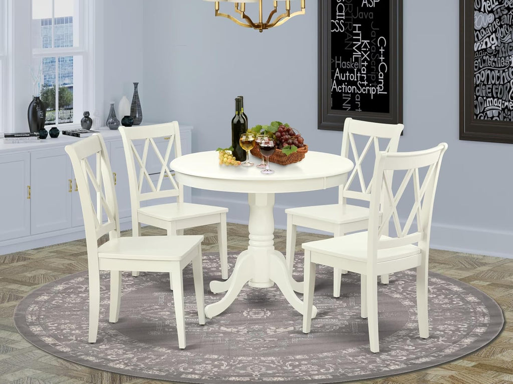 East West Furniture ANCL5-LWH-W 5 Piece Dining Table Set for 4 Includes a Round Kitchen Table with Pedestal and 4 Kitchen Dining Chairs, 36x36 Inch, Linen White