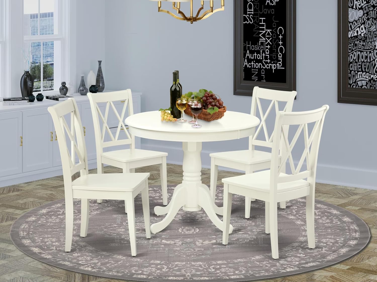 East West Furniture ANCL5-LWH-W 5 Piece Dining Table Set for 4 Includes a Round Kitchen Table with Pedestal and 4 Kitchen Dining Chairs, 36x36 Inch, Linen White