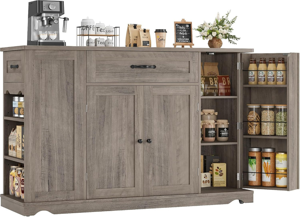 HOSTACK Kitchen Island Cart with Storage, 47'' Kitchen Storage Island on Wheels with 2 Drawers, Rolling Island Table with Adjustable Shelves, Mobile Buffet Sideboard Cabinet for Dining Room, Ash Gray
