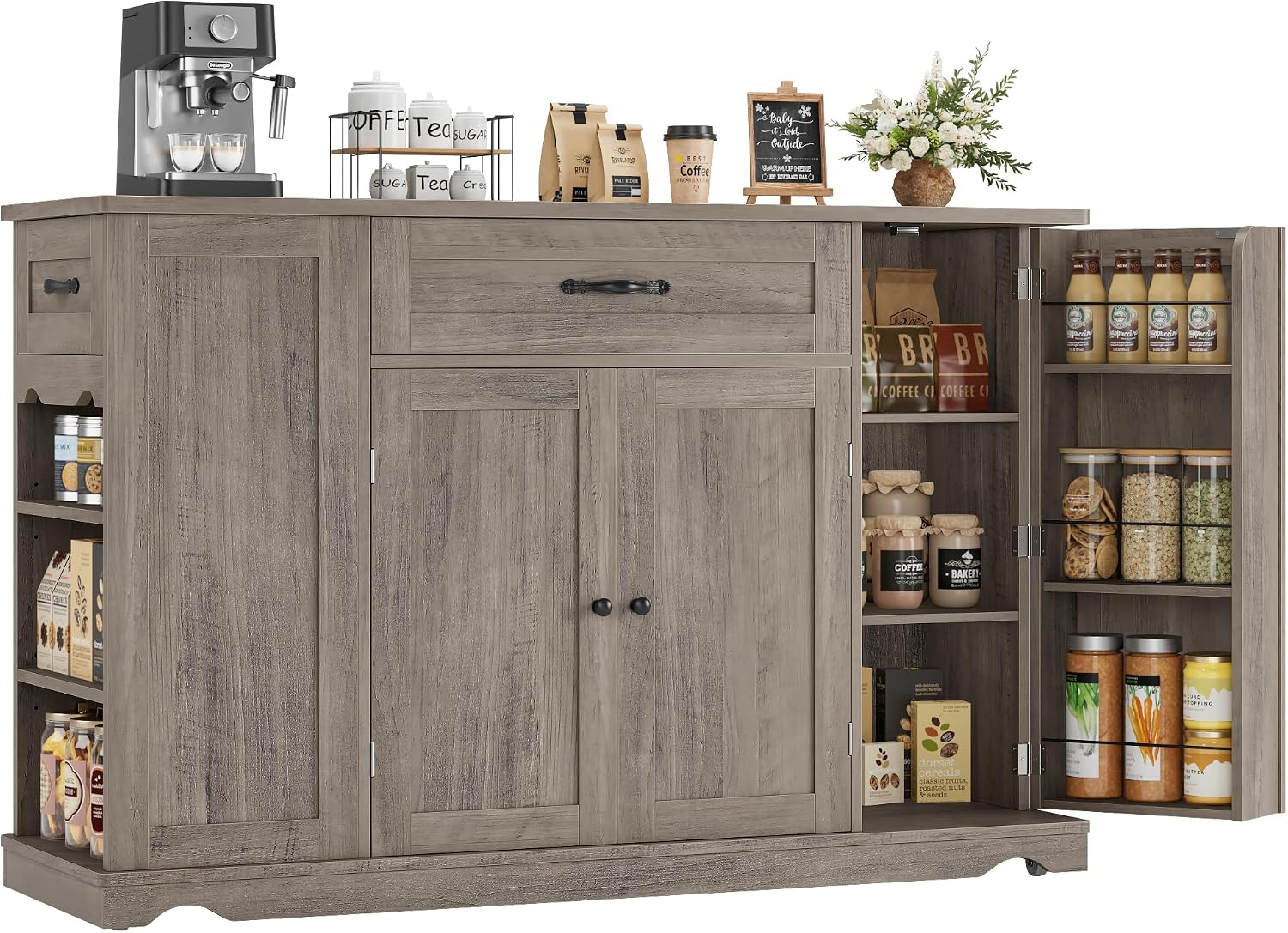HOSTACK Kitchen Island Cart with Storage, 47'' Kitchen Storage Island on Wheels with 2 Drawers, Rolling Island Table with Adjustable Shelves, Mobile Buffet Sideboard Cabinet for Dining Room, Ash Gray