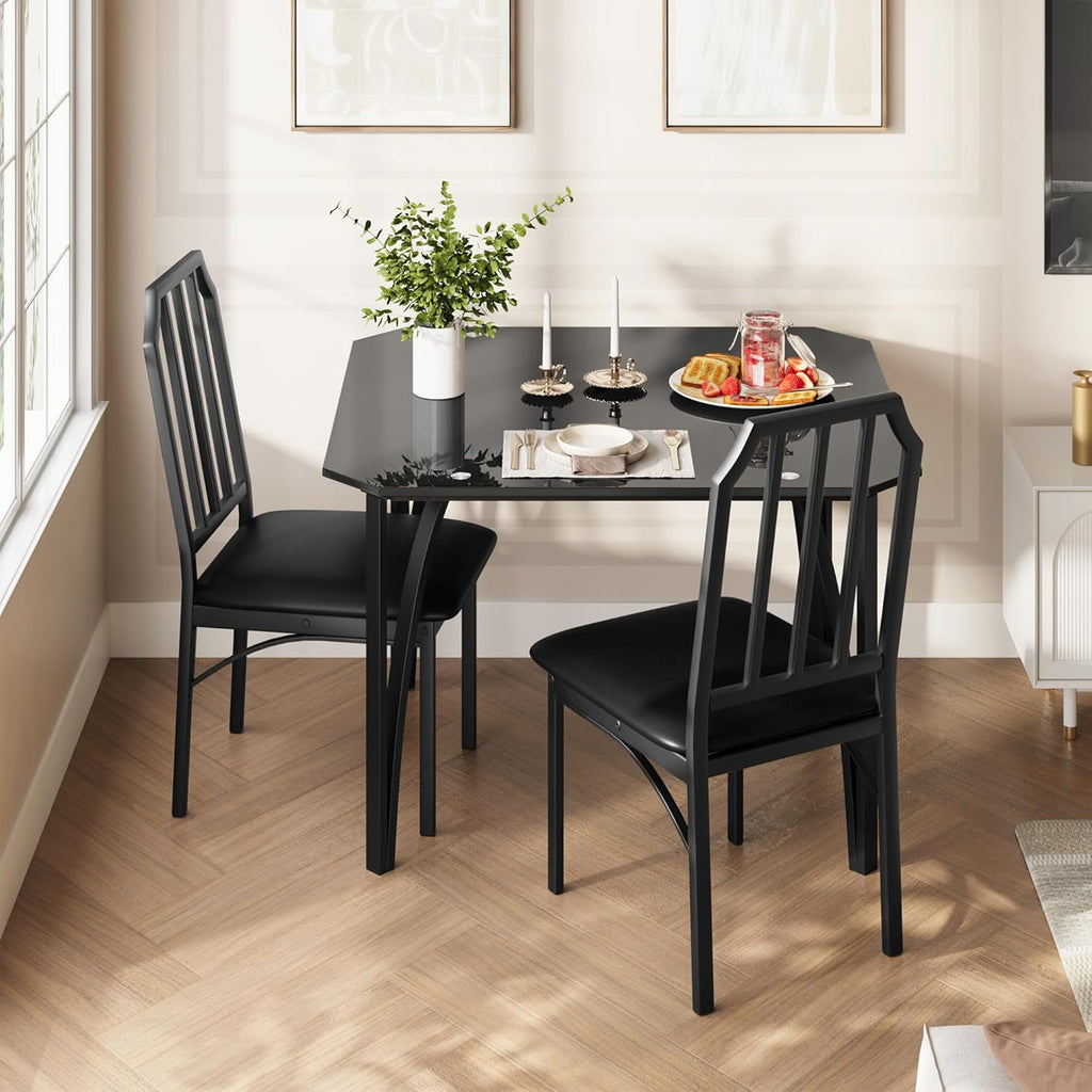 IDEALHOUSE Dining Table Set for 2, Kitchen Table Set of 2 with Upholstered Cushion Chairs, Dining Room Table Set for 2 with Kitchen Chairs, Easy to Assemble, Suitable for Apartment - (Shadow Glass)