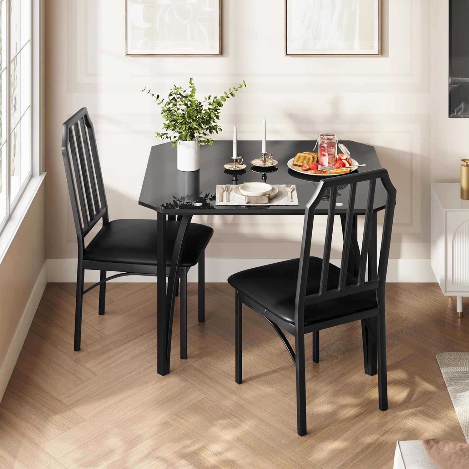 IDEALHOUSE Dining Table Set for 2, Kitchen Table Set of 2 with Upholstered Cushion Chairs, Dining Room Table Set for 2 with Kitchen Chairs, Easy to Assemble, Suitable for Apartment - (Shadow Glass)