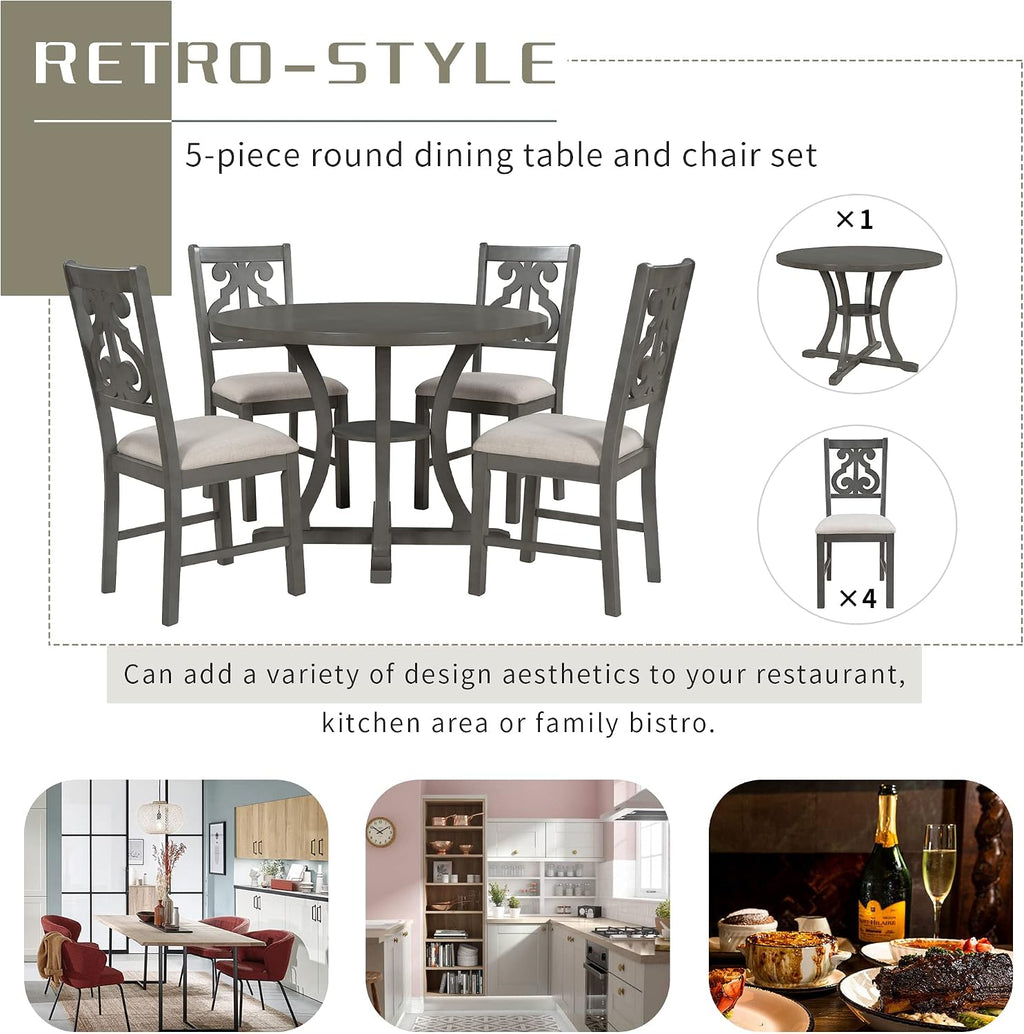 LUMISOL 5-Piece Round Dining Table Set for 4-6 Person, Farmhouse Kitchen Table Set with Special Shaped Legs and 4 Upholstered Chairs for Kitchen, Dining Room, Small Space, Grey