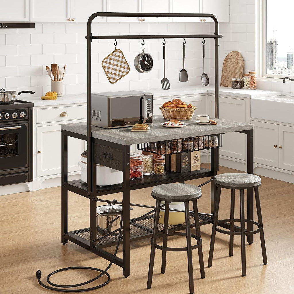 46' Large Kitchen Island Table Baker Rack with Power Outlet and 3-Tier Storage-Microwave Stand Oven Shelf, Metal Coffee Bar Table,Kitchen Storage Shelf for Dining Living Room, 5 Hooks,Grey