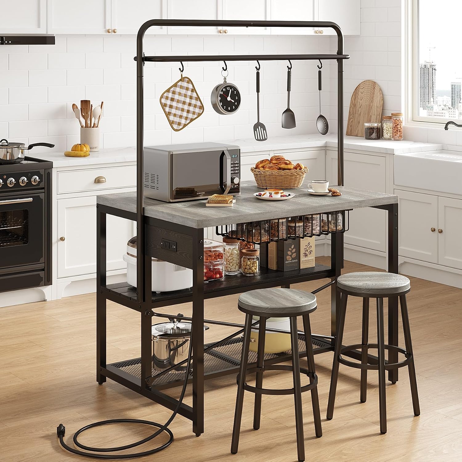 46' Large Kitchen Island Table Baker Rack with Power Outlet and 3-Tier Storage-Microwave Stand Oven Shelf, Metal Coffee Bar Table,Kitchen Storage Shelf for Dining Living Room, 5 Hooks,Grey