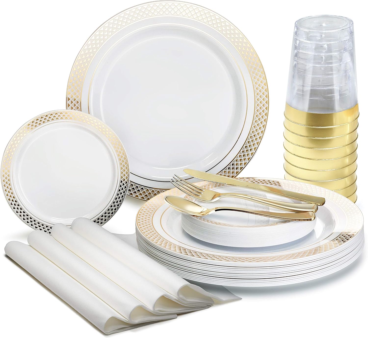 ' OCCASIONS ' 840pcs set (120 Guests)-Heavyweight Wedding Party Disposable Plastic Plate Set-120 x 10.5'' + 120 x 6.25'' + Gold Silverware + Cups + Napkins (Celebration in White & Gold)