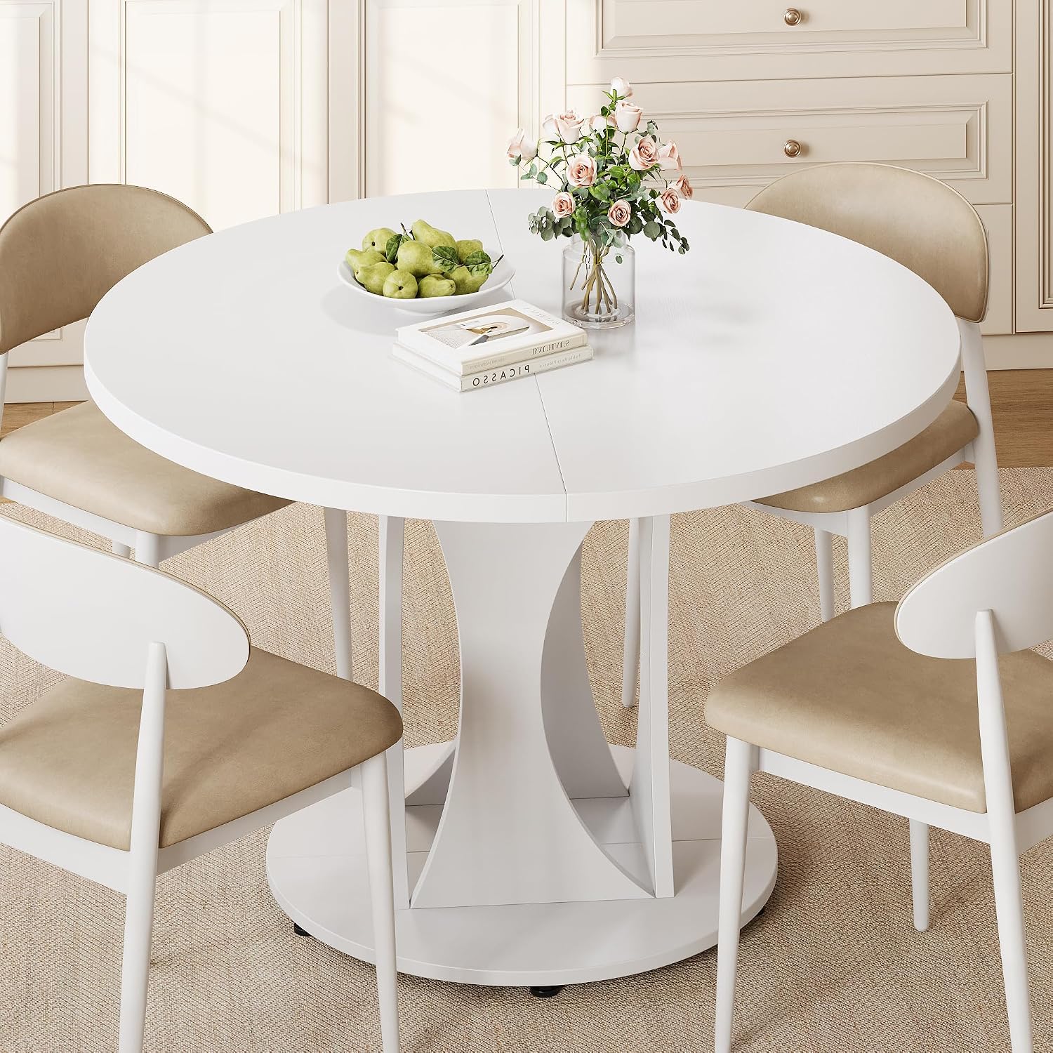 Einhomn 59' Extendable Round Dining Table for 6-8, Kitchen Table with Sturdy Double Arc Base & Backboard Clasp Desktop, Mid-Century Modern Dinner Table, Kitchen Dining Room, Space Saving, White